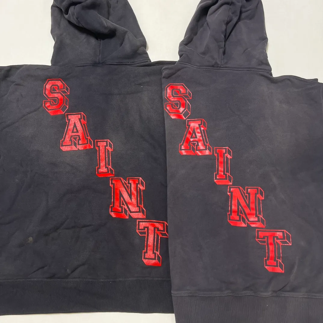 Printed proofing SAINT Mxxxxxx ANGEL HOODIE/BLK Angel Reborn Cracked Printed Retro Distressed Hoodie Washed Black S-XL